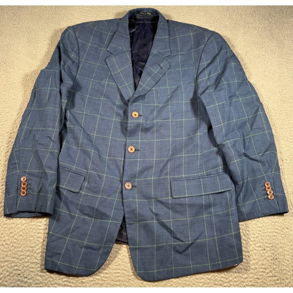Cadini Blazer Coat Men 42 Blue Italy Super 120's Wool Plaid‎ FormalAcademia